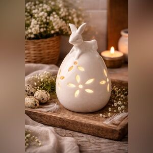 Ceramic Bunny Egg Tealight Holder White Easter Spring Cottage Decor